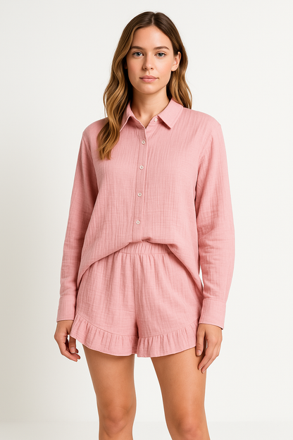Dam Loungewear Set – Avslappnad Passform – Långärmad Skjorta & Shorts – Hjärtmönster
