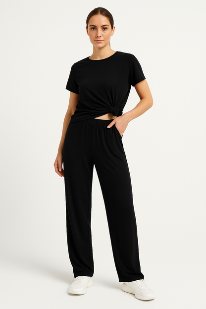 Dam Lounge Set – Kortärmad Topp – Croppad Passform – Vida Byxor – Mjuk Andningsbar Textil
