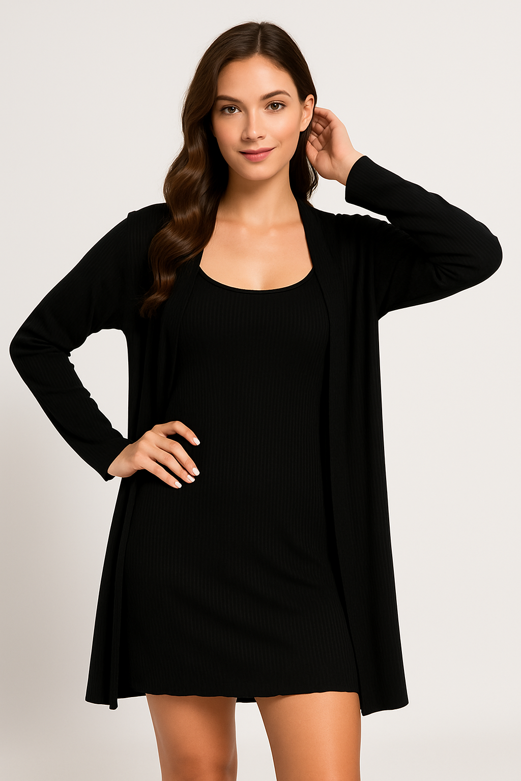 Damrock – Avslappnad Passform – Ribbstickad – Öppen Front – Loungewear-Lagerplagg