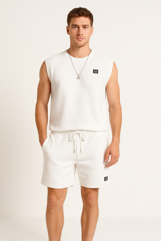 Herrset med ärmlös topp och shorts – Avslappnad passform – Mjuk strukturstickad loungeklädsel