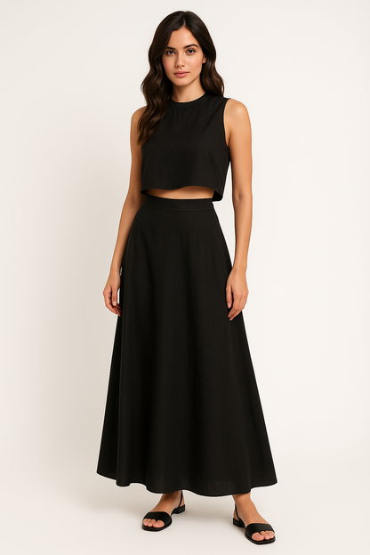 Damset – Crop Top och Midikjol – Lös Passform – Naturliga Fibrer – Andningsbart