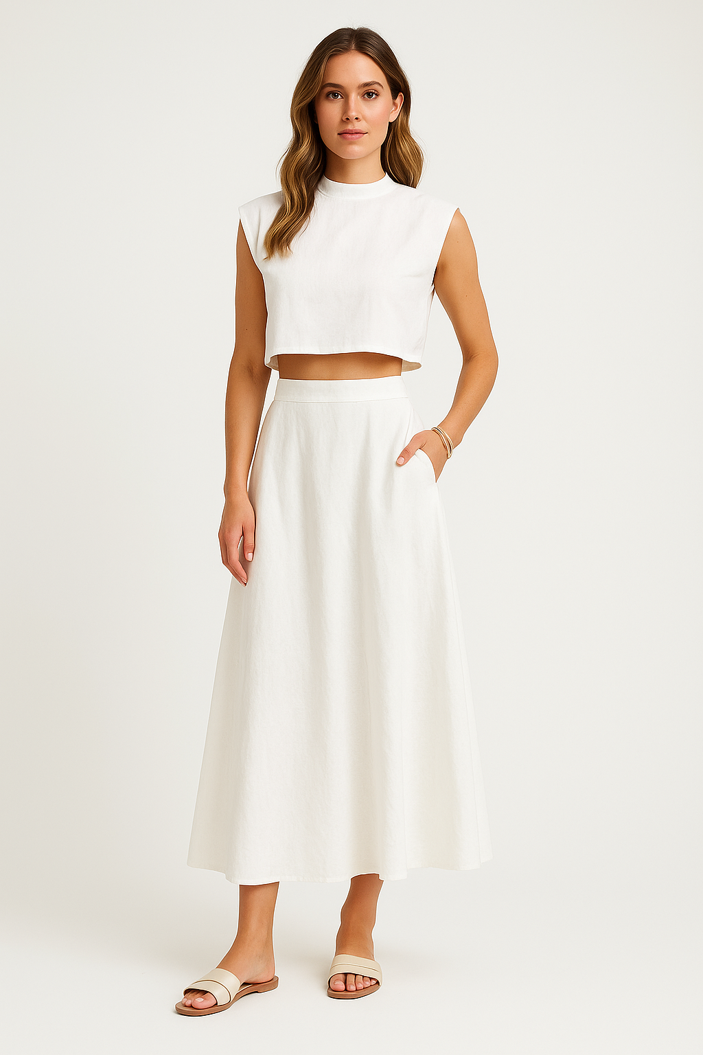 Damset – Crop Top och Midikjol – Lös Passform – Naturliga Fibrer – Andningsbart