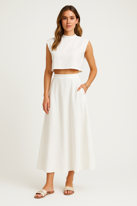 Damset – Crop Top och Midikjol – Lös Passform – Naturliga Fibrer – Andningsbart
