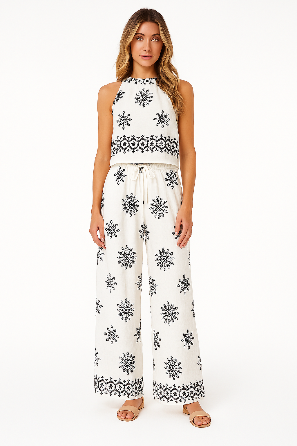 Damset – Ärmös Crop Top och Höga Vida Byxor – Avslappnad Passform – Lätt Bomullsblandning