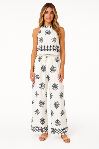 Damset – Ärmös Crop Top och Höga Vida Byxor – Avslappnad Passform – Lätt Bomullsblandning