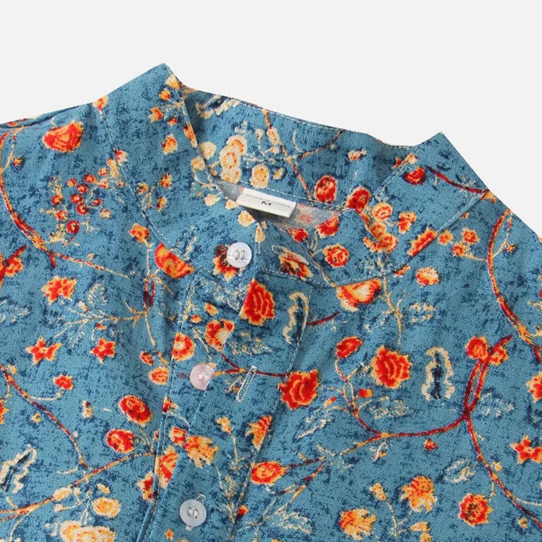 Herrskjorta - Kortärmad - Mandarin Krage - Blommigt Mönster - Avslappnad Passform