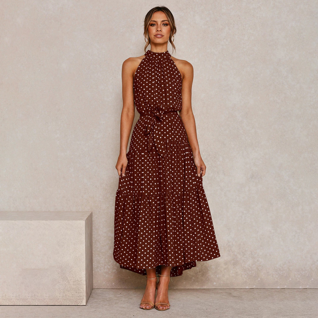 Dam Klänning - Halterneck Polka Dot - Figursydd Midja - Flödande Midi Modell