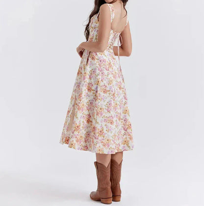 Damklänning midi – Korsettliv – A-linjeform – Breda axelband – Blommigt mönster – Slits