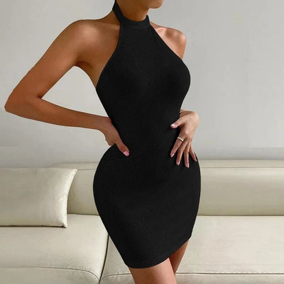 Dam Halterneck Klänning - Åtsittande Bodycon - Ribbad Stretchig Design - Elegant Festklänning