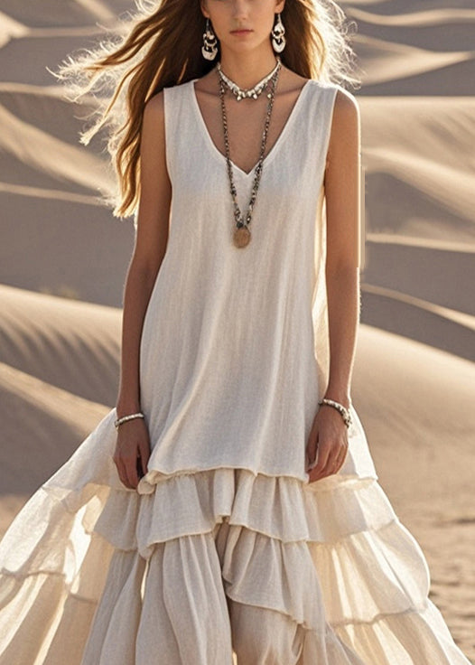 Damklänning Maxi – Ärmös Lös Passform – Djup Ringning – Naturliga Fibrer – Volangkjol