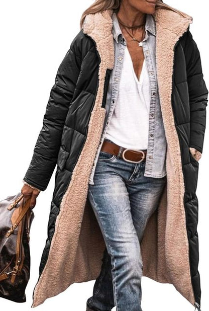Dam lång kappa – Vändbar design – Quiltad yta – Sherpafodrad – Oversize passform