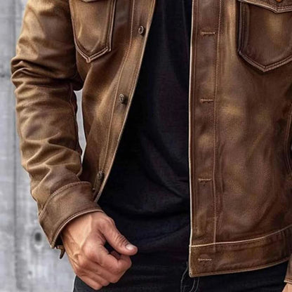 Herr läderjacka – Klassisk krage – Knappknäppning – Robust design med bröstfickor