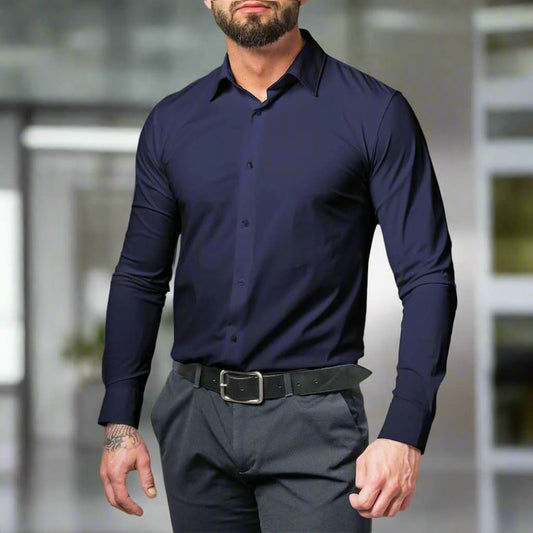 Herr Skjorta - Slim Fit - Stretchigt Tyg - Långärmad med Knäppning & Krage