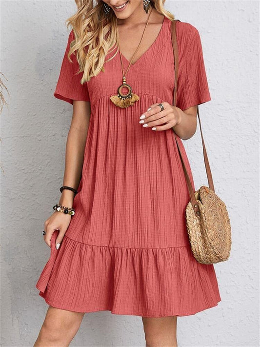 Women’s Short Sleeve V-Neck Casual Dress with Relaxed Fit