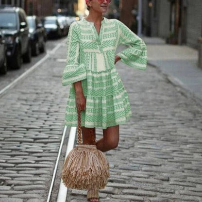 Damklänning – A-linjeformad Passform – V-ringning – Fladderärm – Bohemisk Stil