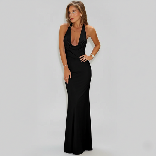 Women’s Halter Neck Maxi Dress with Deep V Bodycon Fit