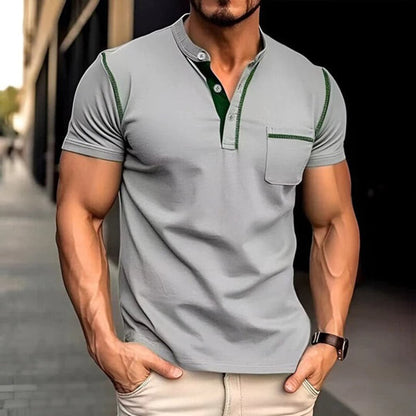 Herr Henley-tröja – Kort ärm – Knappslå med tre knappar – Bröstficka – Slim Fit