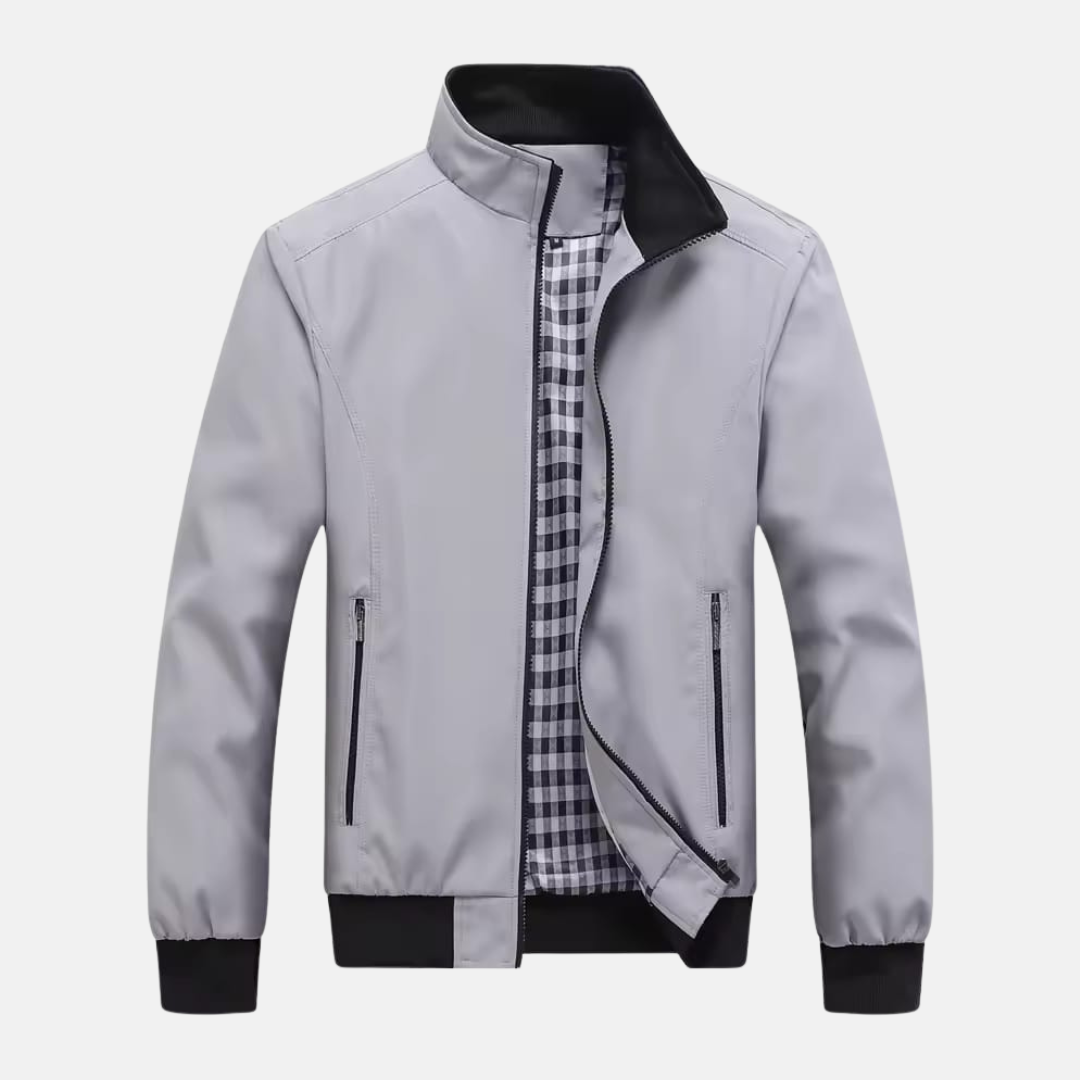 Herr Bomberjacka – Normal Passform – Ribbad Krage och Fåll – Hel Dragkedja – Fickor med Dragkedja