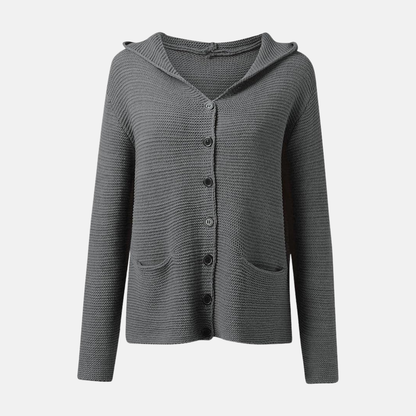 Damkofta med Huva – Stickad Ullblandning – Avslappnad Passform – Knäppning – Fickor