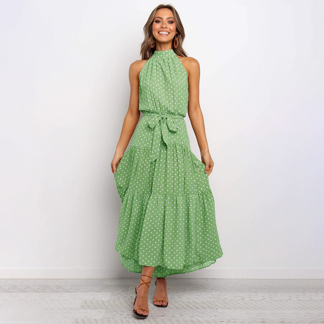 Dam Klänning - Halterneck Polka Dot - Figursydd Midja - Flödande Midi Modell