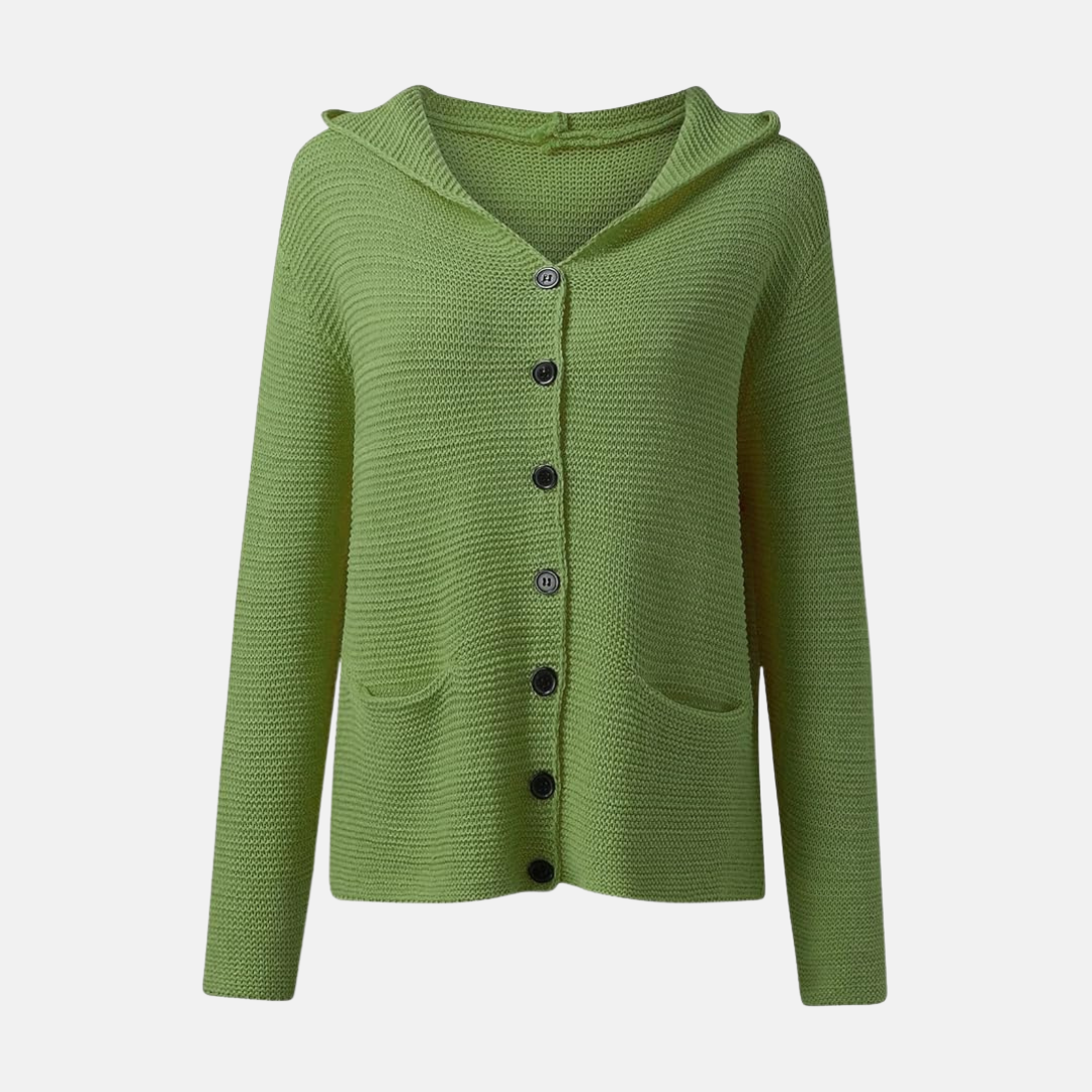 Damkofta med Huva – Stickad Ullblandning – Avslappnad Passform – Knäppning – Fickor