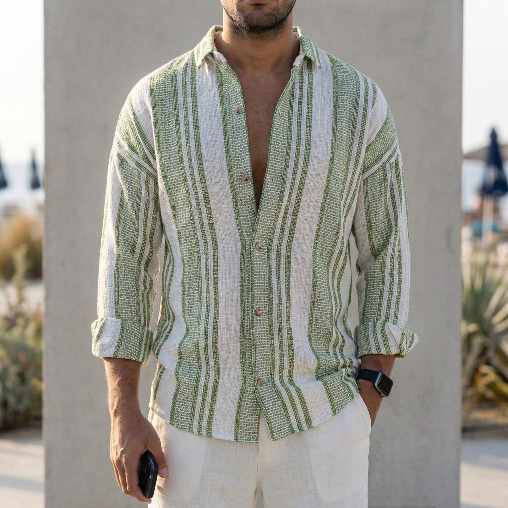 Men’s Lightweight Striped Linen Shirt with Relaxed Button-Up Fit