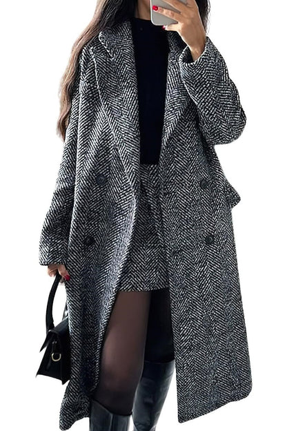 Dam Kappa – Ullmix – Lång Dubbelknäppt – Oversize Passform – Herringbone Mönster