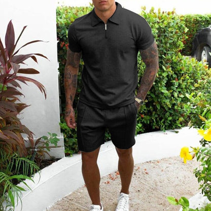 Herrset med pikétröja och shorts – Regular fit – Andningsbart tyg – Dragkedjekrage