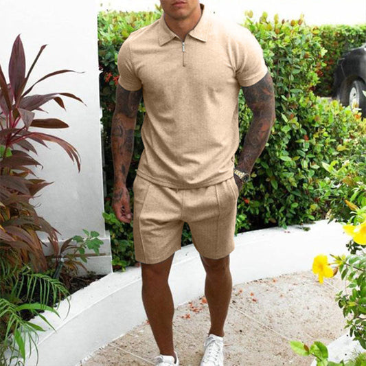 Herrset med pikétröja och shorts – Regular fit – Andningsbart tyg – Dragkedjekrage