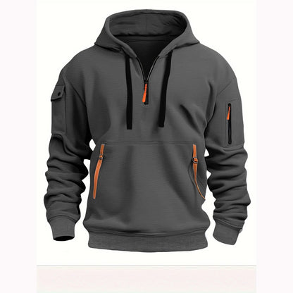 Men’s Hoodie - Halvdragkedja - Känguruficka med Dragkedja - Ribbad Kant - Avslappnad Passform
