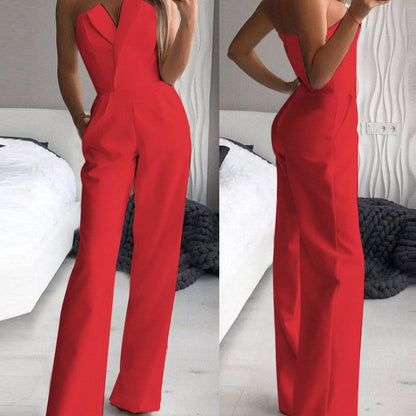 Dam Jumpsuit – Axelbandslös – Figurnära Liv – Vida Ben – Elegant Festplagg