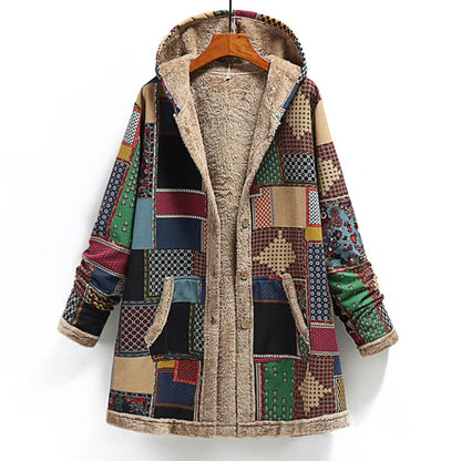Damkappa - Patchwork Design - Varm Fleecefodrad - Huva & Knappstängning