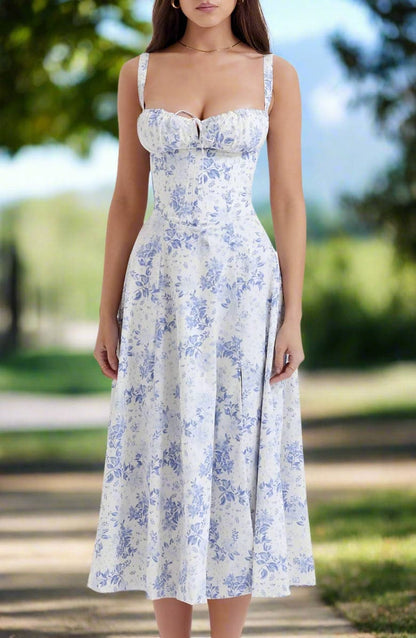 Klänning för dam - Vintage Stil - Midi Längd - Blommigt Mönster - Figurnära Liv & A-linje