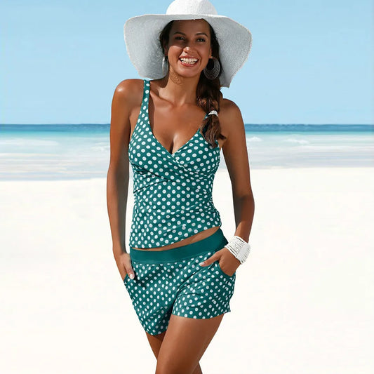Dam Tankini Set – Slim Fit Topp – Lösa Shorts – Plunge Ringning – Andningsbart Material