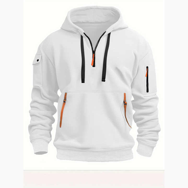 Modern sandfärgad hoodie med flera funktionella fickor för män