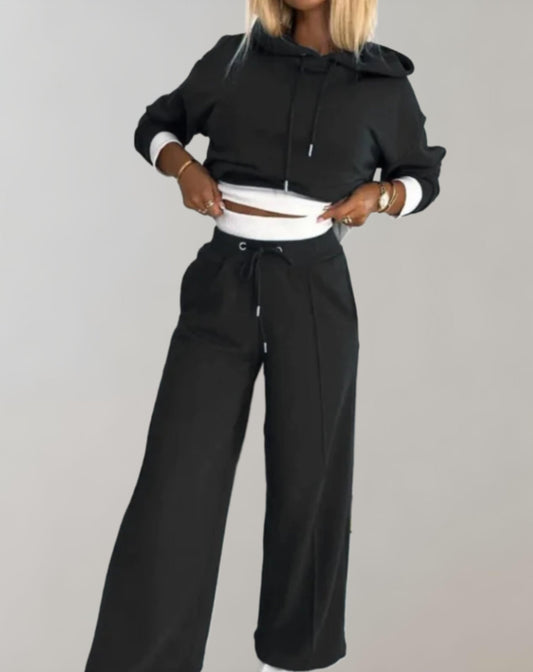 Dam Loungewear Set – Croppad Hoodie – Vida Byxor – Elastisk Midja – Bekväm Passform
