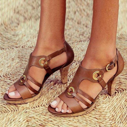 Dam Sandaler med Klack - Läderremmar - Justerbar Spänne - Elegant Strappy Design