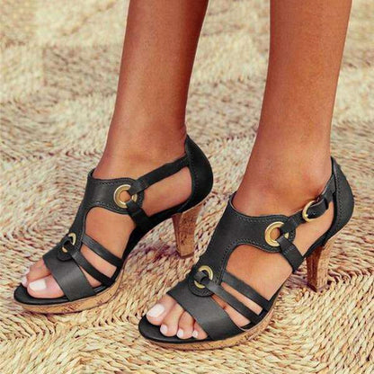 Dam Sandaler med Klack - Läderremmar - Justerbar Spänne - Elegant Strappy Design