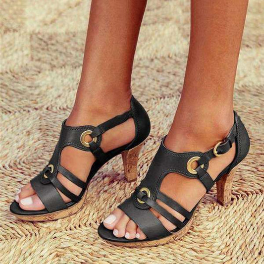 Dam Sandaler med Klack - Läderremmar - Justerbar Spänne - Elegant Strappy Design