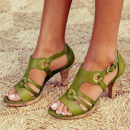 Dam Sandaler med Klack - Läderremmar - Justerbar Spänne - Elegant Strappy Design