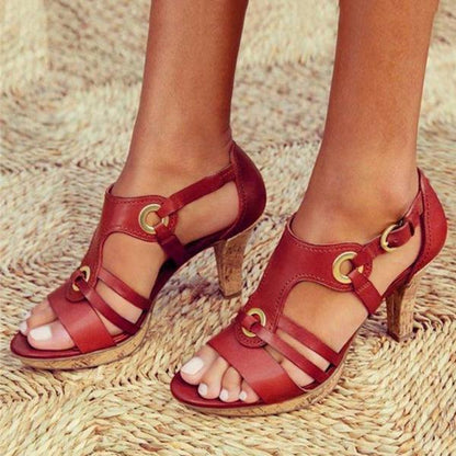 Dam Sandaler med Klack - Läderremmar - Justerbar Spänne - Elegant Strappy Design