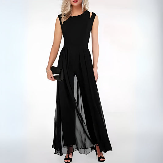 Dam Jumpsuit - Ärmös - Utskuren Detalj - Vida Ben - Maxi Overlay - Elegant Festdräkt