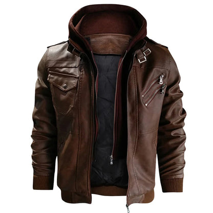 Herrjacka – Slim fit – Läder – Huva – Dragkedjefickor – Epåletter – Ribbad kant