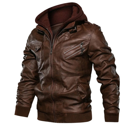 Herrjacka – Slim fit – Läder – Huva – Dragkedjefickor – Epåletter – Ribbad kant