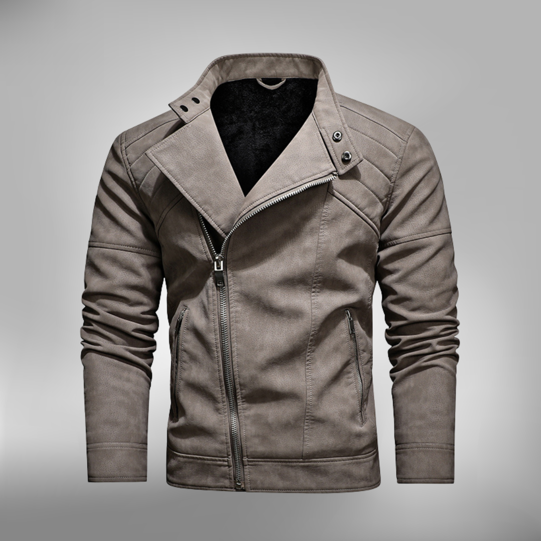 Herrjacka i bikerstil – Slim Fit – Quiltade axlar – Sned dragkedja – Ståkrage med tryckknapp