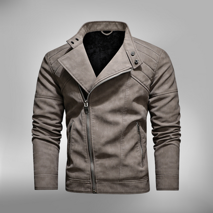 Herrjacka i bikerstil – Slim Fit – Quiltade axlar – Sned dragkedja – Ståkrage med tryckknapp
