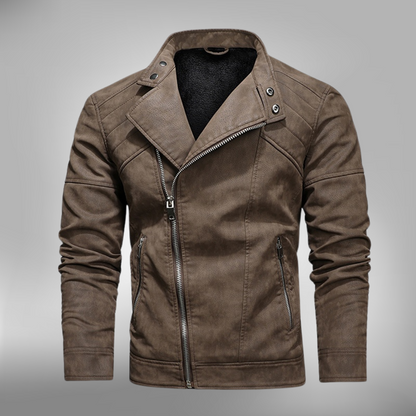 Herrjacka i bikerstil – Slim Fit – Quiltade axlar – Sned dragkedja – Ståkrage med tryckknapp
