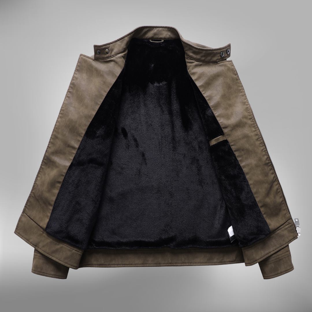 Herrjacka i bikerstil – Slim Fit – Quiltade axlar – Sned dragkedja – Ståkrage med tryckknapp