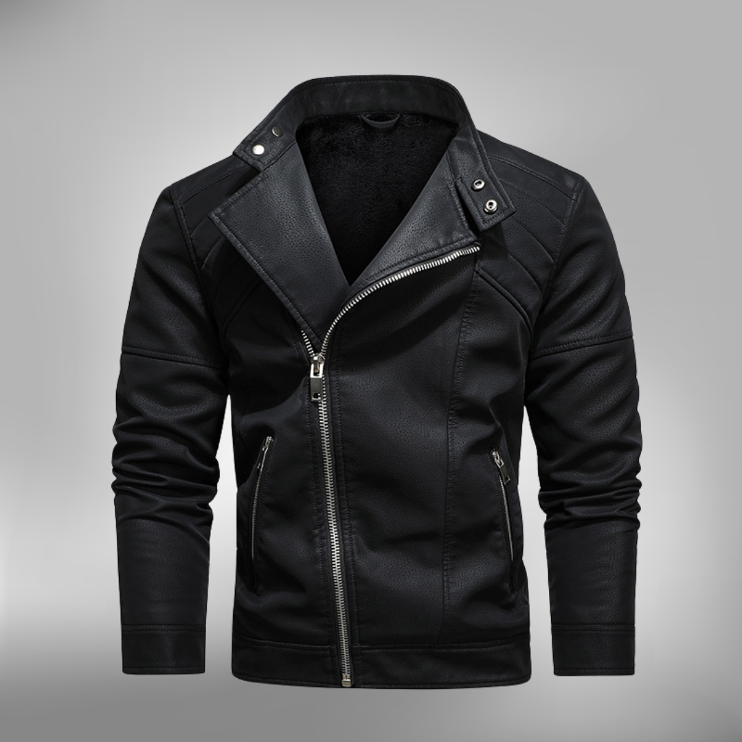 Herrjacka i bikerstil – Slim Fit – Quiltade axlar – Sned dragkedja – Ståkrage med tryckknapp