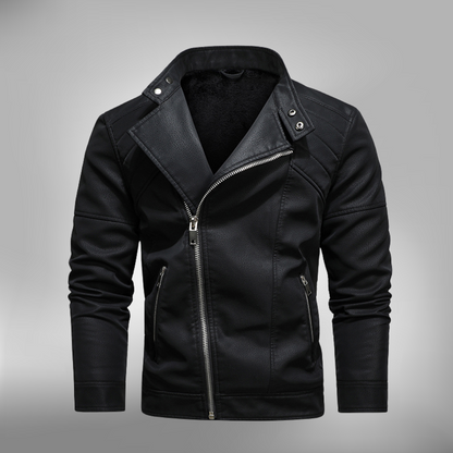 Herrjacka i bikerstil – Slim Fit – Quiltade axlar – Sned dragkedja – Ståkrage med tryckknapp